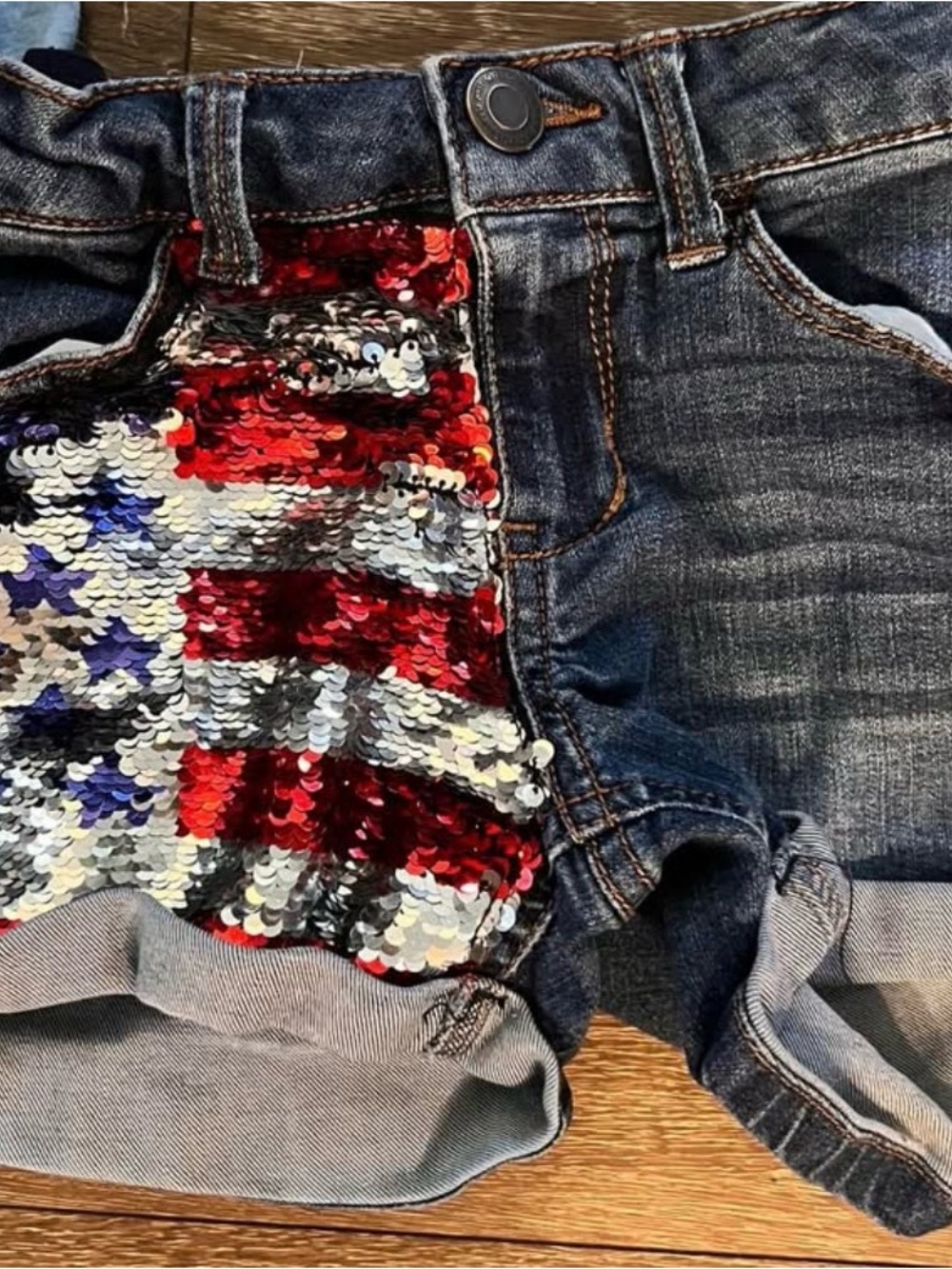 Girls' Denim Shorts with Reversible Red, White & Blue Sequin Panel